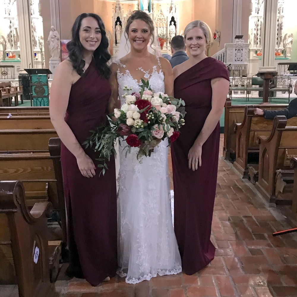 DB studio wine floor length one shoulder dress